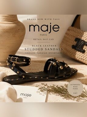 NWT Maje Paris Black Leather Studded Gladiator Sandals Designer Luxury